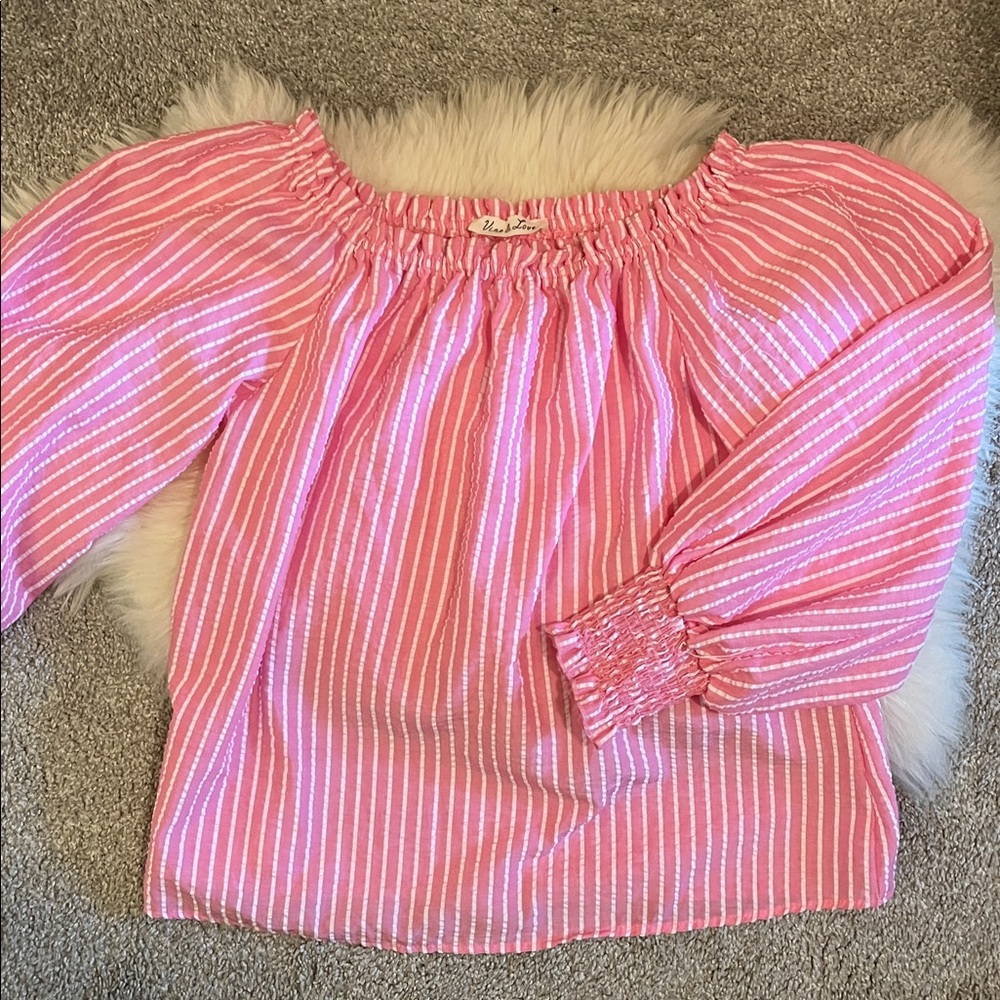 Vine & Love Pink and White Striped Seersucker Off the Shoulder Top